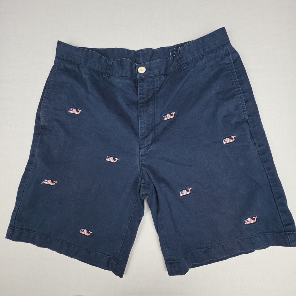 Vineyard Vines 9 Inch American Flag Whale Chino Shorts Mens 34 Navy Blue Cotton